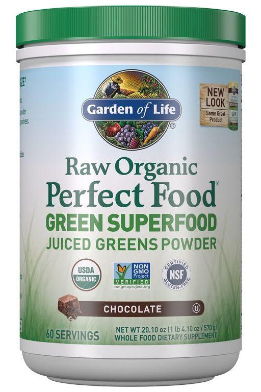 Garden of Life Raw Organic Perfect Food Green Superfood chocolate powder container with 60 servings.