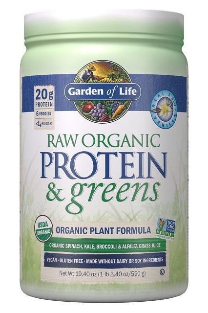 Garden of Life Raw Organic Protein & Greens powder container with 20g protein, USDA Organic and Non-GMO certification.