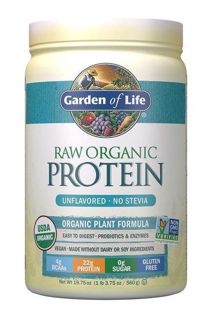 Garden of Life Raw Organic Protein powder in a yellow container, featuring 22g protein, probiotics, and enzymes, gluten-free.