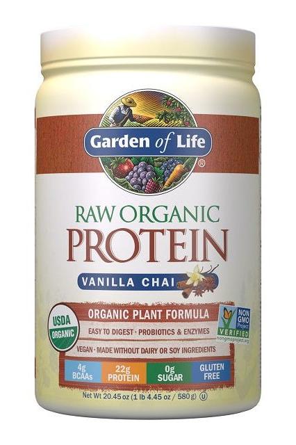 Garden of Life Raw Organic Protein Vanilla Chai powder with 22g protein, probiotics, and enzymes in a 20.45 oz container.