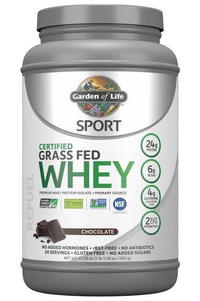Garden of Life Sport Certified Grass Fed Whey Protein powder container, chocolate flavor, 24g protein per serving.