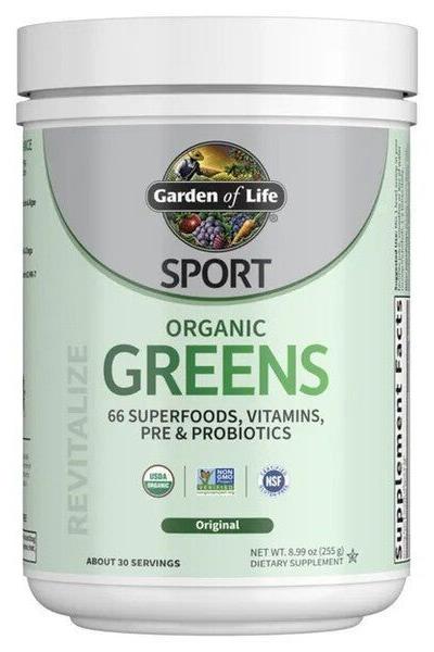 Garden of Life Sport Greens container featuring 66 superfoods, vitamins, prebiotics, and probiotics.