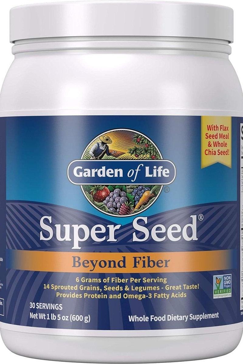 Garden of Life Super Seed dietary fiber supplement for optimal gut health, featuring a mix of seeds and legumes.