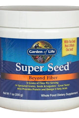 Garden of Life Super Seed supplement jar, rich in fiber with sprouted grains, seeds, and legumes for gut health.