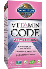 Garden of Life Vitamin Code 50 & Wiser Women multivitamin supplement box, 120 vegetarian capsules, RAW formula.