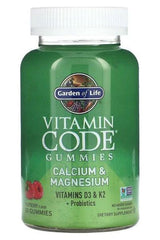 Garden of Life Vitamin Code Calcium & Magnesium Gummies bottle with D3, K2, and probiotics for bone health.