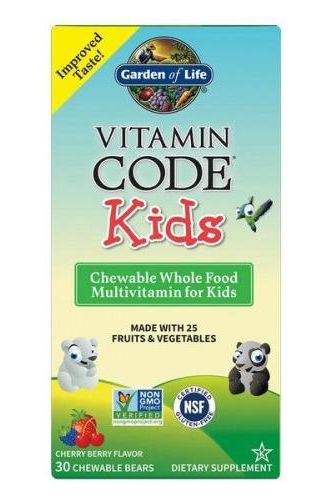 Garden of Life Vitamin Code Kids multivitamin box, featuring cherry berry flavor, 30 chewable bears and 25 fruits and vegetables.