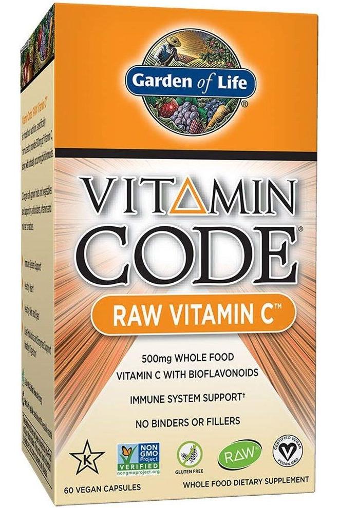 Garden of Life Vitamin Code RAW Vitamin C box, 500mg whole food vitamin C, supports immune system, 60 vegan capsules.
