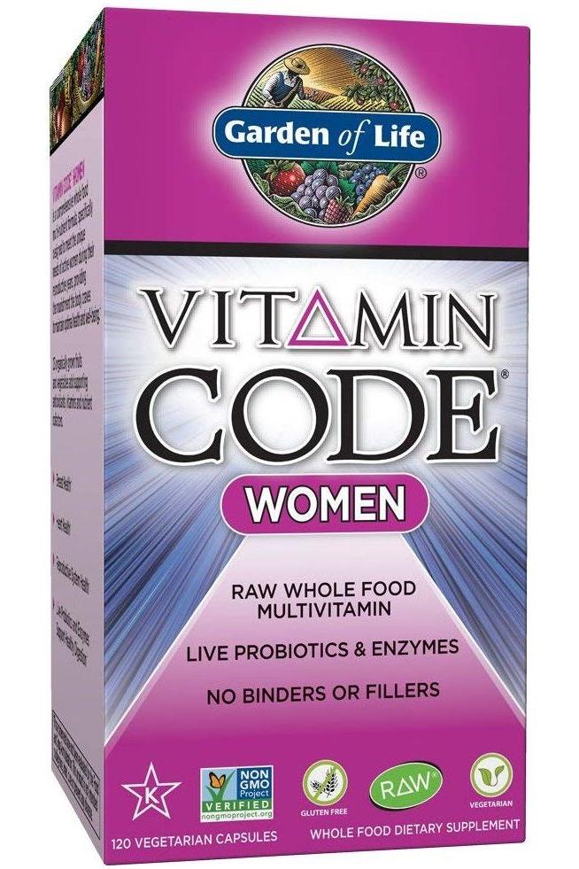 Garden of Life Vitamin Code Women multivitamin box featuring 120 vegetarian capsules, raw probiotics and enzymes.