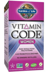 Garden of Life Vitamin Code Women multivitamin box featuring 120 vegetarian capsules, raw probiotics and enzymes.
