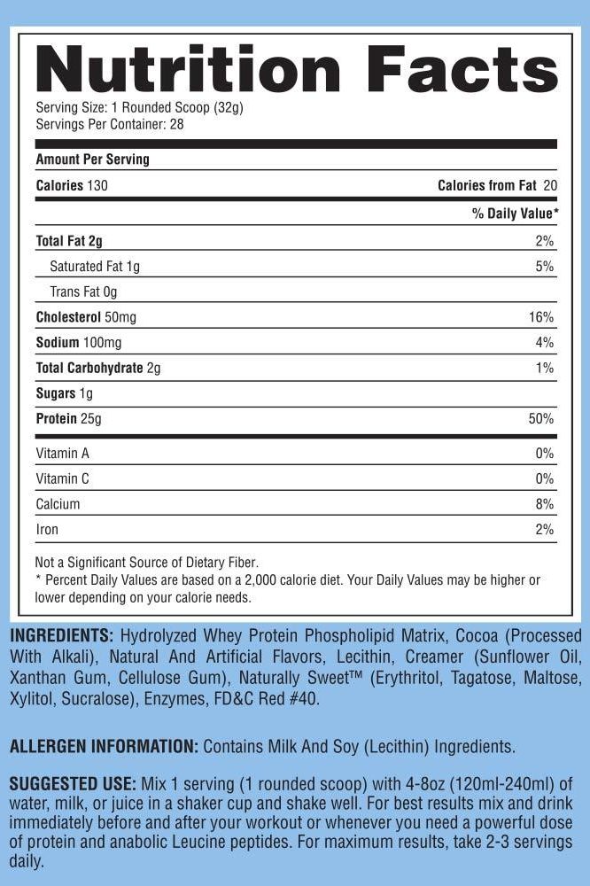 Nutrition facts label for Gaspari Nutrition Precision Protein, detailing calories, ingredients, and serving suggestions.
