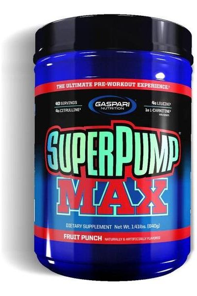 Gaspari Nutrition SuperPump MAX pre-workout supplement in fruit punch flavor, 40 servings, container design.