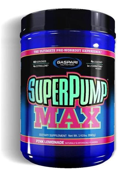 Gaspari Nutrition SuperPump MAX pre-workout supplement in Blue container, Pink Lemonade flavor, 40 servings.
