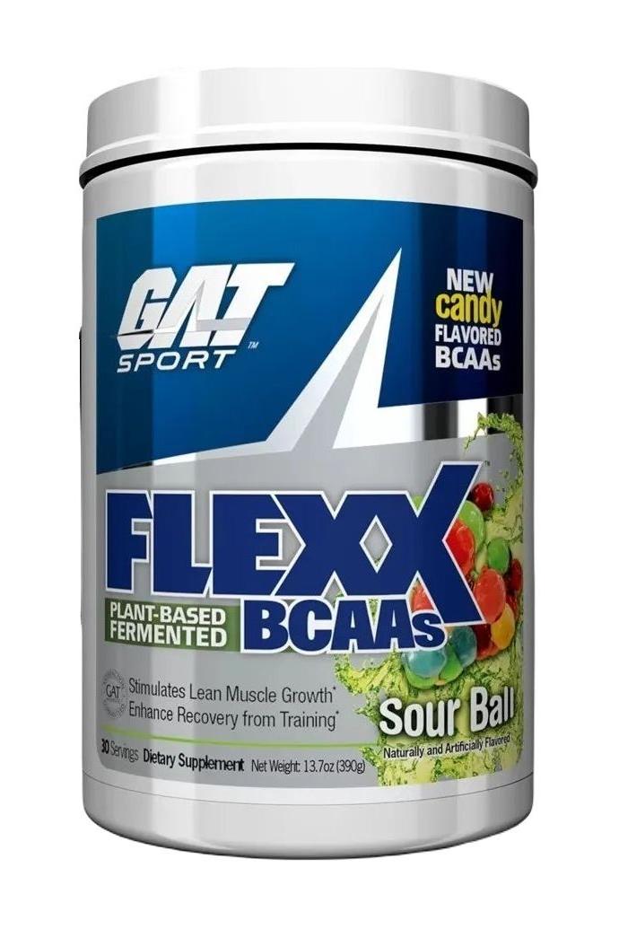GAT Flexx BCAAs Sour Ball flavor, a plant-based fermented supplement for muscle recovery and performance.