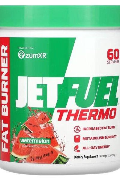 GAT JetFuel Thermo fat burner supplement in watermelon flavor, 60 servings for increased fat burn and metabolism support.