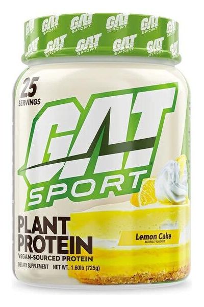GAT Plant Protein Lemon Cake flavor in a jar, vegan-sourced quad-blend protein for athletes, 25 servings.
