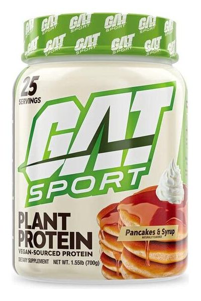 GAT Plant Protein in a container featuring pancakes and syrup, vegan-sourced high-quality protein supplement.