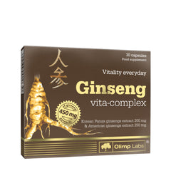 Olimp Ginseng Vita-complex food supplement box with 30 capsules and herbal extracts for vitality.