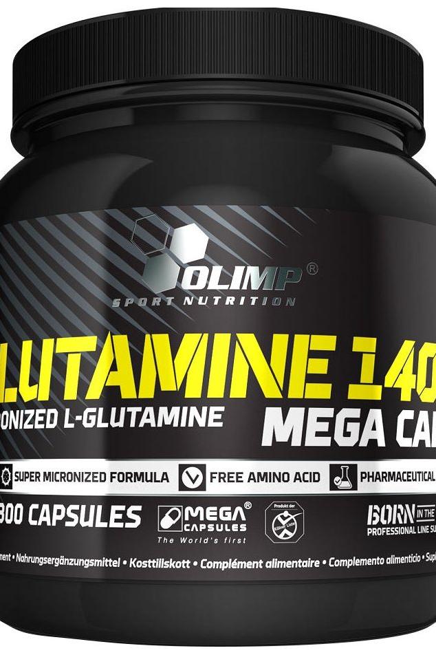 Olimp Glutamine Mega Caps supplement container featuring 300 capsules for muscle recovery and growth.