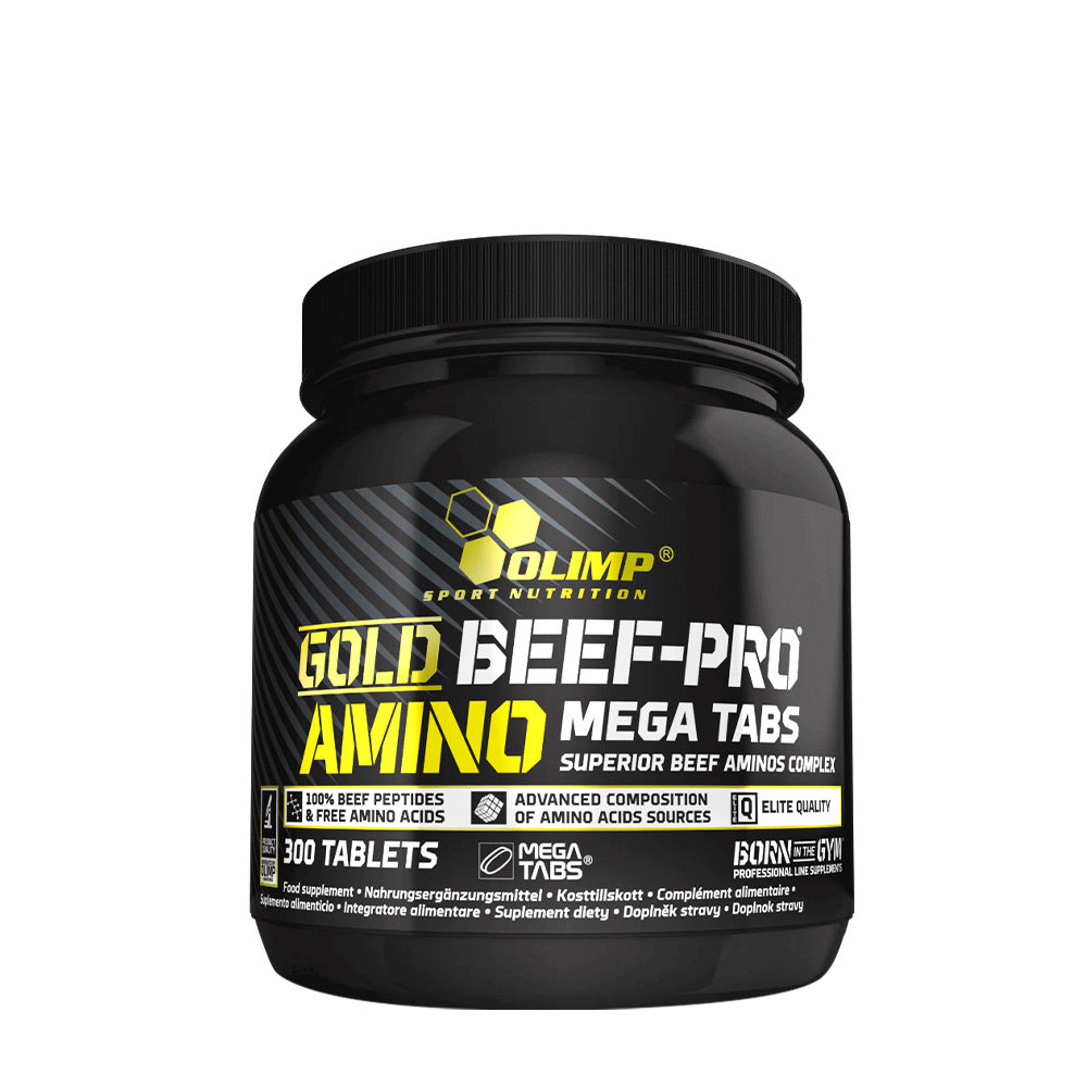 Olimp Gold Beef-Pro Amino Mega Tabs container, 300 tablets, high bioavailability amino acids for muscle recovery.