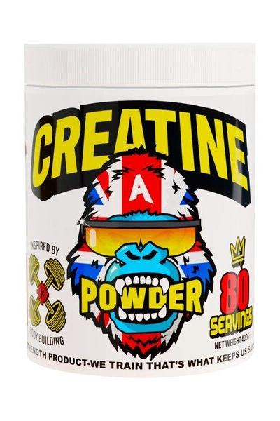 Gorillalpha Creatine Powder container with vibrant design, 400g, for muscle gain and improved strength.