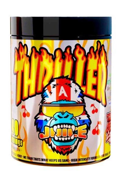 Gorillalpha Thriller Juice pre-workout supplement container featuring vibrant design and flavor notes.