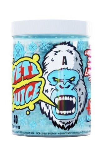 Gorillalpha Yeti Juice pre-workout powder jar with a blue design and a cartoon yeti, offering 40 servings of energy boost.