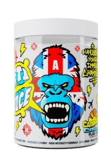 Gorillalpha Yeti Juice pre-workout supplement container featuring vibrant design and energizing slogan.