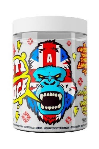Gorillalpha Yeti Juice Pre-Workout supplement jar with vibrant design and UK flag colors.