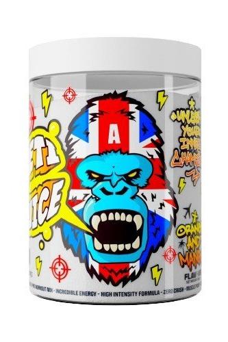Gorillalpha Yeti Juice pre-workout tub featuring vibrant design, energizing formula, and orange-mango flavor.