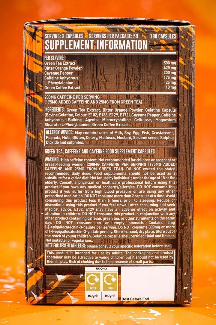 Supplement information and ingredients for Grenade Thermo Detonator - 100 capsules packaging.