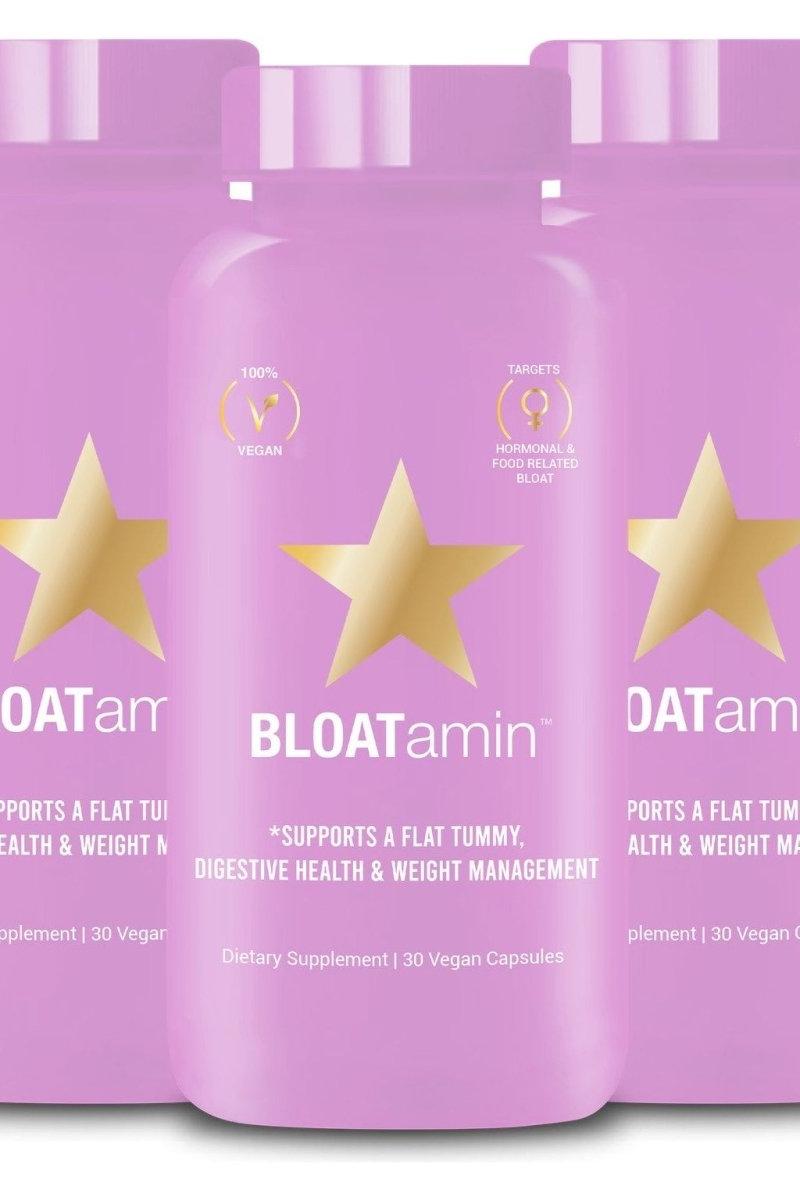 BLOATamin dietary supplement for digestive health, featuring a vegan formula with a blend of herbs and enzymes.