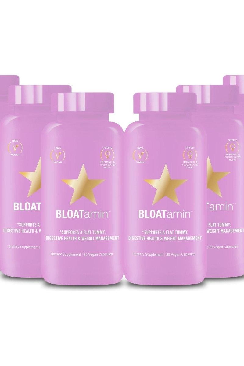 BLOATamin capsules by HAIRtamin for digestive health and weight management in pink bottles.