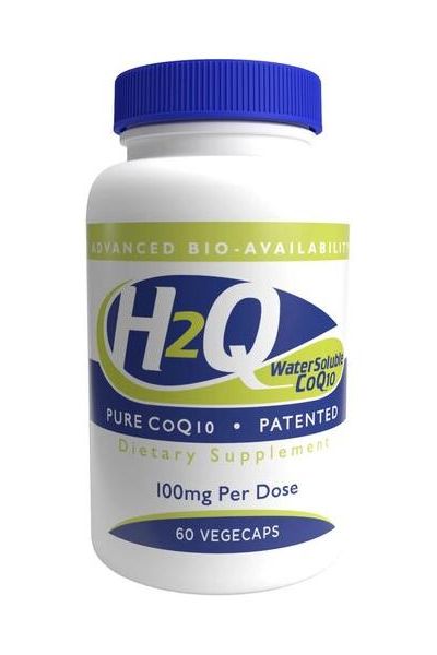 Health Thru Nutrition H2Q CoQ10 100mg veggie caps bottle for enhanced absorption and optimal health.
