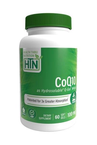 Health Thru Nutrition Hydrosoluble Q-Gel Mega CoQ10 100mg supplement bottle with 60 softgels for improved absorption.