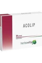 Acolip dietary supplement box by Herbovita, containing 30 capsules for blood sugar regulation and antioxidant support.