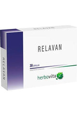 Herbovita Relavan packaging, a dietary supplement for anxiety and depression relief, containing 30 capsules.