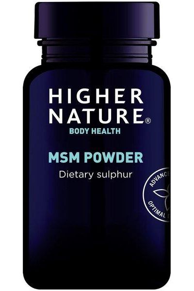 Higher Nature MSM Powder dietary sulphur supplement for healthy joints, hair, skin, and nails in a dark bottle.
