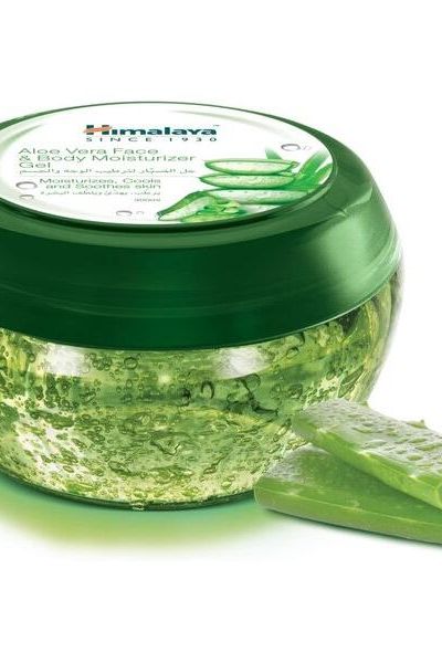 Himalaya Aloe Vera Face & Body Moisturizing Gel in green jar with aloe leaves, ideal for soothing and hydrating skin.