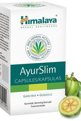 Himalaya AyurSlim capsules packaging, designed for natural weight loss with Garcinia and Guggulu.