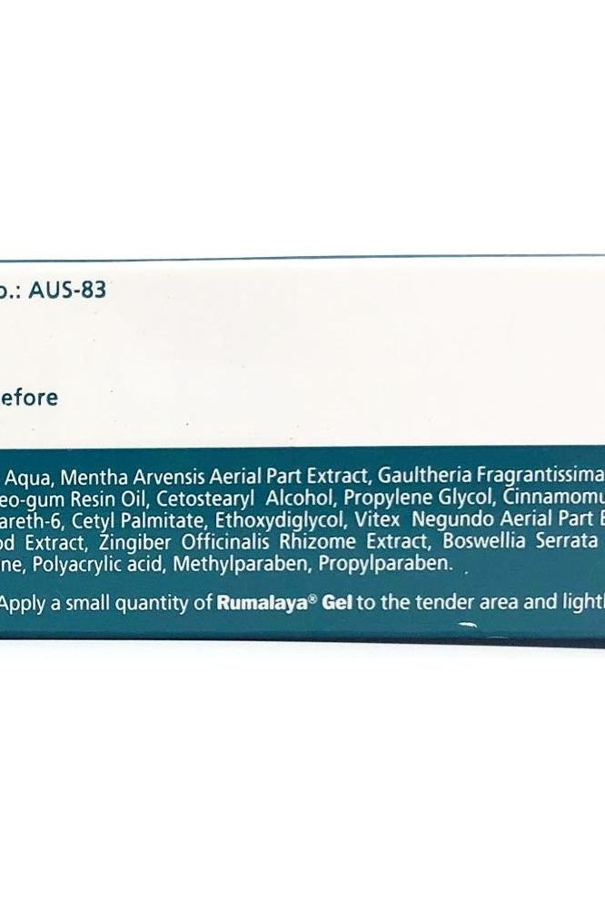 Ingredients list for Himalaya Rumalaya Gel including active herbal extracts and application instructions.