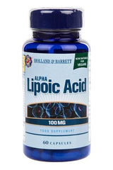 Holland & Barrett Alpha Lipoic Acid 100mg bottle containing 60 capsules, suitable for vegans.
