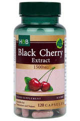 Holland & Barrett Black Cherry Extract 1500mg supplement bottle with 120 vegan capsules.