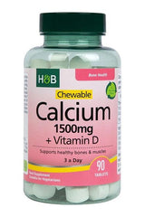 Holland & Barrett Chewable Calcium 1500mg + Vitamin D supplement bottle for strong bones and muscles.