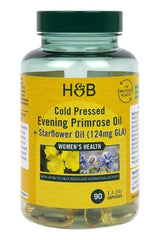 Holland & Barrett Cold Pressed Evening Primrose Oil and Starflower Oil capsules for women's health, 90 soft gel capsules.