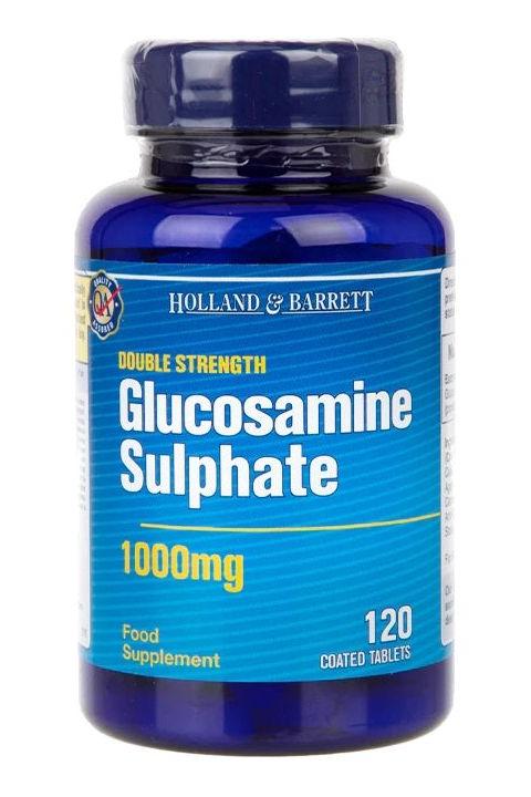 Holland & Barrett Double Strength Glucosamine Sulphate 1000mg supplement bottle with 120 coated tablets.