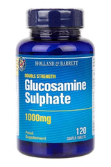 Holland & Barrett Double Strength Glucosamine Sulphate 1000mg supplement bottle with 120 coated tablets.