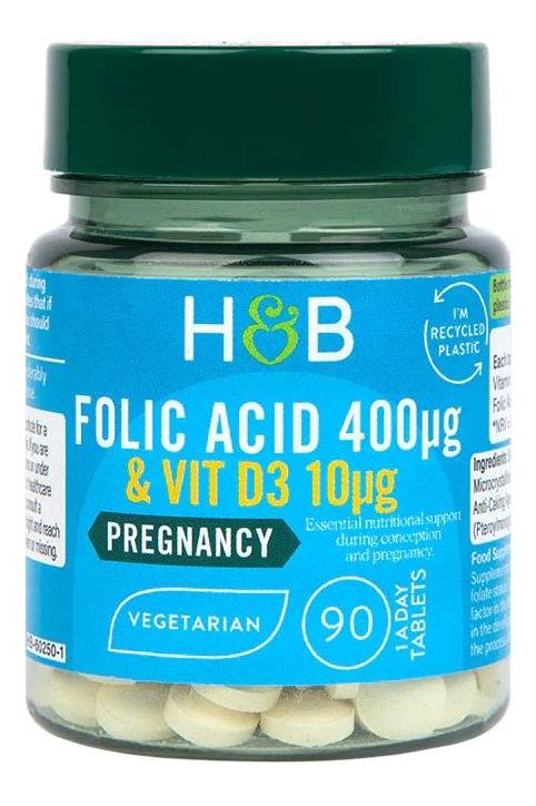 Holland & Barrett Folic Acid 400mcg with Vitamin D3 10mcg - 90 vegetarian tablets for pregnancy support