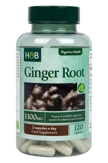 Holland & Barrett Ginger Root capsules 1100mg, supports digestion and reduces travel sickness, 120 count bottle.
