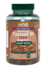 Holland & Barrett High Strength Cold Pressed Flaxseed Oil supplement bottle, 2000mg, supports heart health and cholesterol levels.